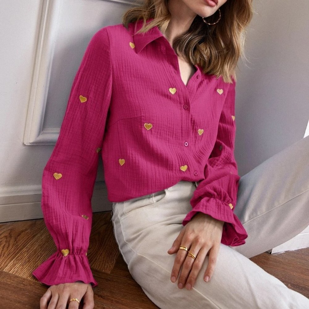 Pink heart detailed button down Shirt